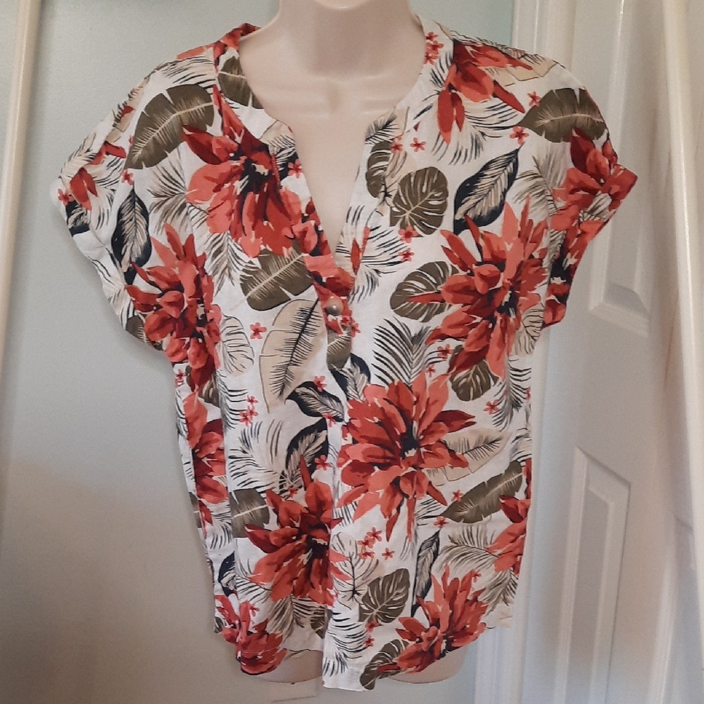 Esmara Tropical V Neck Linen Blouse sz 10